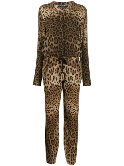 Shop Dolce & Gabbana Leopard Print Cashmere Jumpsuit In Brown