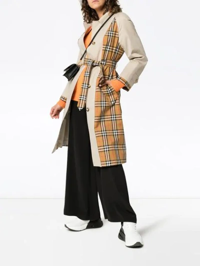 Shop Burberry Panelled Checked Trench Coat In Brown