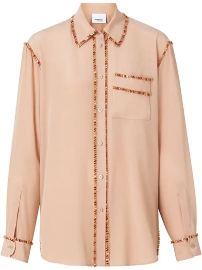 Shop Burberry Crystal Detail Silk Oversized Shirt In Neutrals