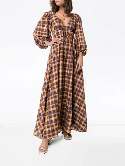 Shop Staud Plaid V-neck Maxi Dress In Brown