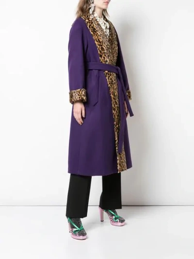 Shop Gucci Leopard Print Trimmed Belted Coat In Purple