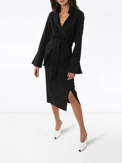 Shop Usisi Margherita Pinstriped Wrap Midi Dress In Black
