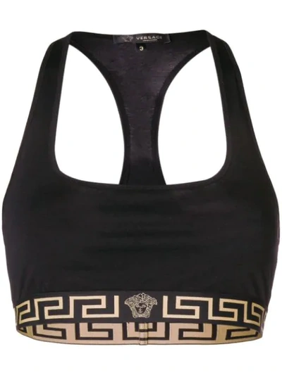 Shop Versace Greek Key Logo Trim Sports Bra In Black