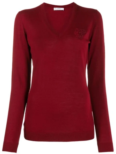 Shop Versace Embroidered Logo Jumper In Red