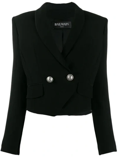 Shop Balmain Double-breasted Cropped Blazer In Black