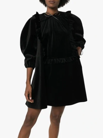 Shop Shushu-tong Pouf-sleeve Velvet Mini Dress In Black