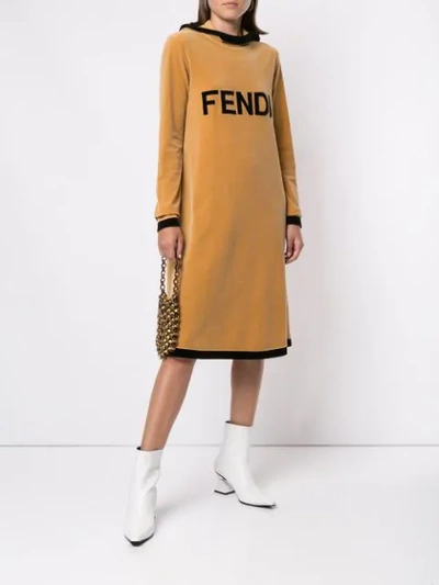 Pre-owned Fendi Velvet Logo Midi Dress In Brown