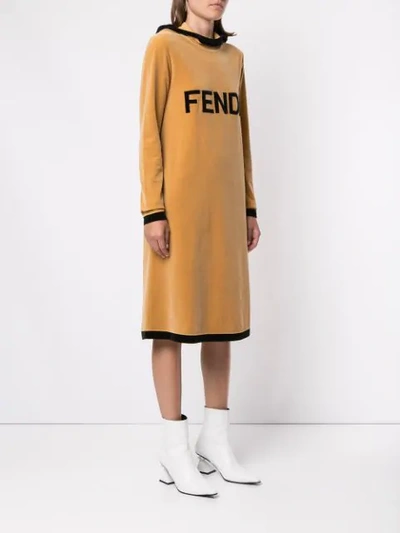 Pre-owned Fendi Velvet Logo Midi Dress In Brown