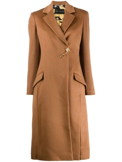 Shop Versace Brooch Detail Textured Coat In Brown