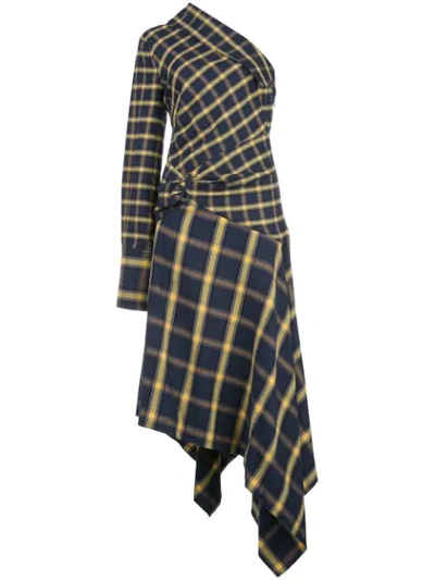 Shop Monse Check Pattern Asymmetric Dress In Blue