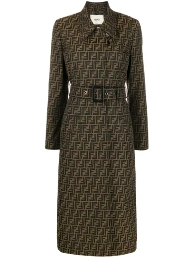 Shop Fendi Belted Ff Motif Trench Coat In Brown