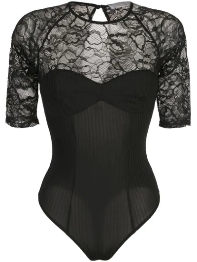 Shop Fleur Du Mal Chat Lace Combo Bodysuit In Black