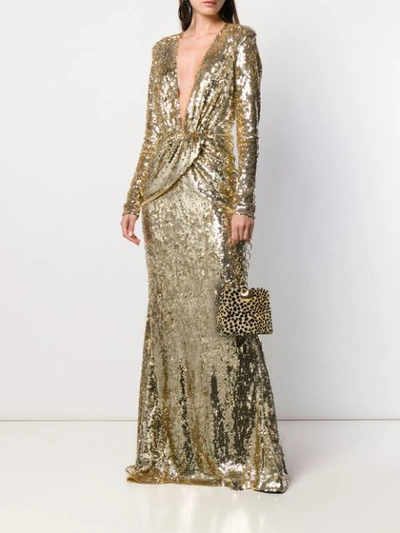 Shop Amen Sequin Embroidered Evening Dress In Gold