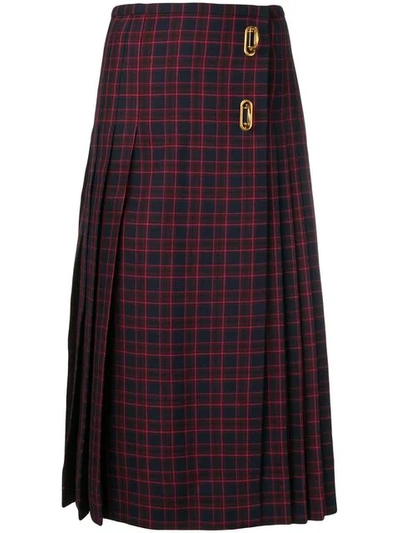 Shop Burberry Checked Pleated Skirt - Blue