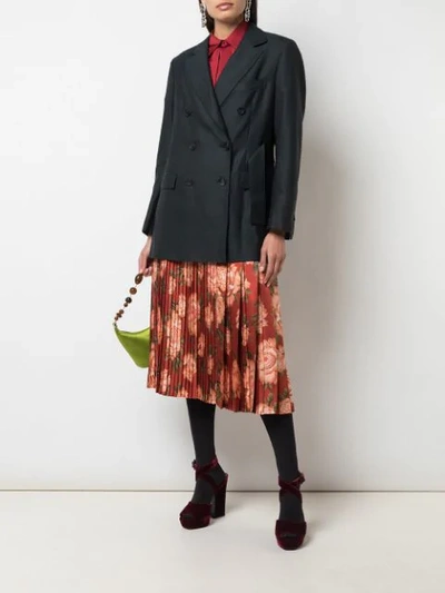 Shop Ferragamo Peonies Print Pleated Silk Skirt In Orange