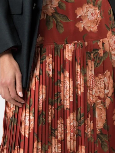 Shop Ferragamo Peonies Print Pleated Silk Skirt In Orange