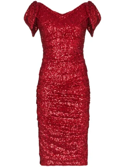 Shop Dolce & Gabbana Ruched Sequinned Midi Dress In R0384 Red