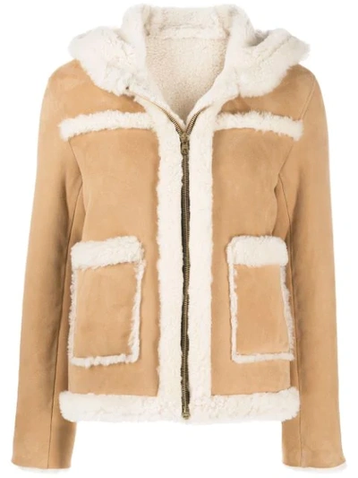 Shop Sandro Hooded Shearling Jacket In Brown