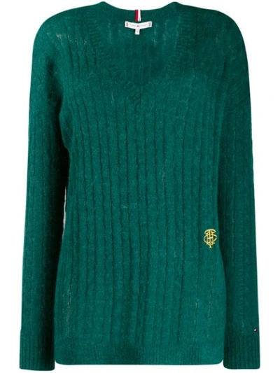 Shop Tommy Hilfiger V-neck Cable Knit Top In Green