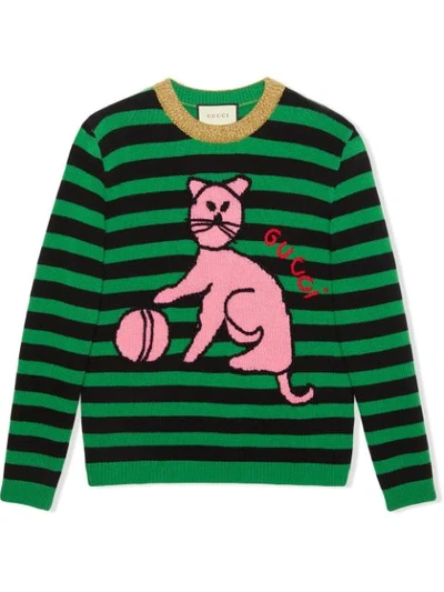 Shop Gucci Cat And Baseball Stripe Wool Jumper - Green