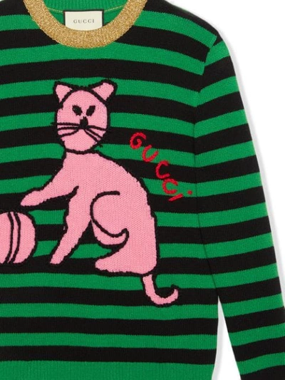 Shop Gucci Cat And Baseball Stripe Wool Jumper - Green