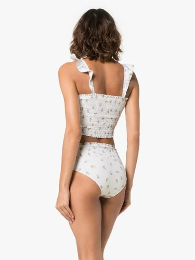 Shop Ganni Printed Ruffle Bikini Set In White