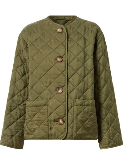 Shop Burberry Logo Print Quilted Jacket In Green