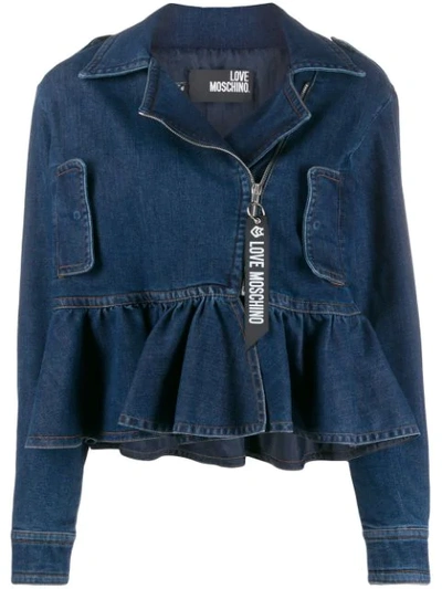 Shop Love Moschino Ruffled-hem Denim Jacket In Blue