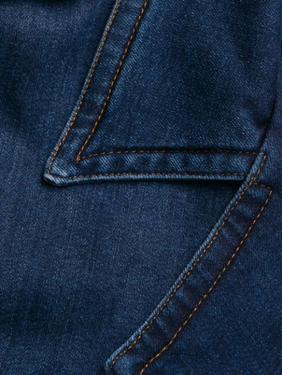 Shop Love Moschino Ruffled-hem Denim Jacket In Blue