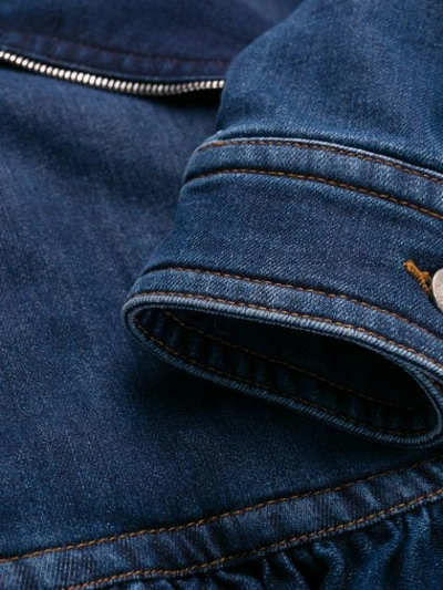 Shop Love Moschino Ruffled-hem Denim Jacket In Blue
