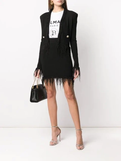 Shop Balmain Knitted Fringed Skirt In Black