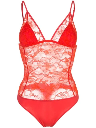 Shop Fleur Du Mal Magnolia Lace Triangle Bodysuit In Red