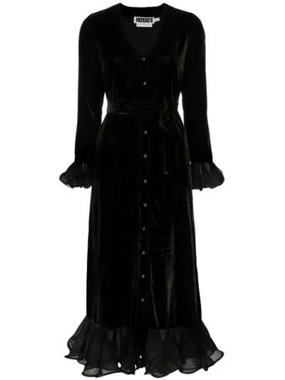 Shop Rotate Birger Christensen Velvet Ruffle-trimmed Midi Dress In Black
