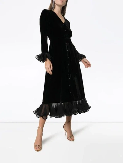 VELVET RUFFLE-TRIMMED MIDI DRESS