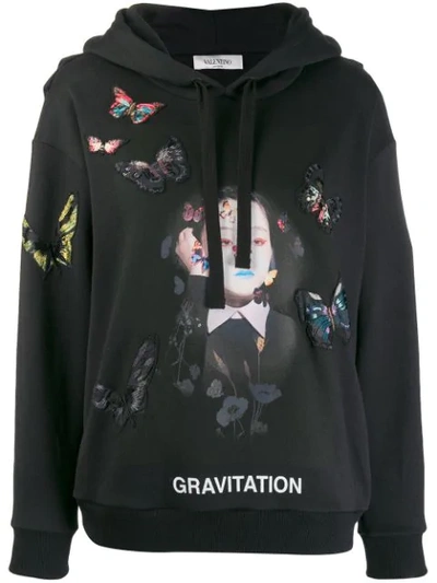 Shop Valentino Embroidered Butterfly Hoodie - Black