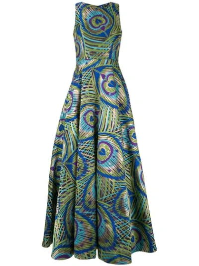 Shop Manish Arora Peacock Print Full Gown In Green