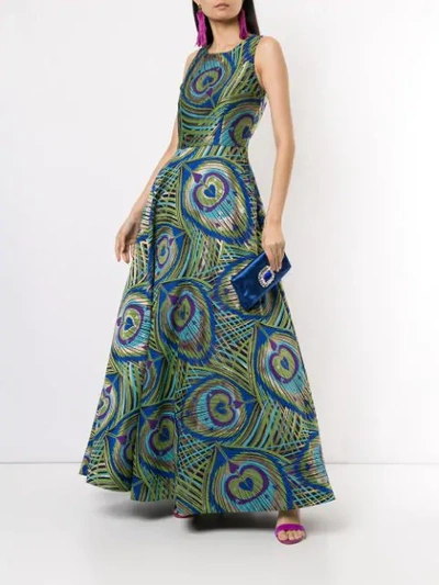 Shop Manish Arora Peacock Print Full Gown In Green