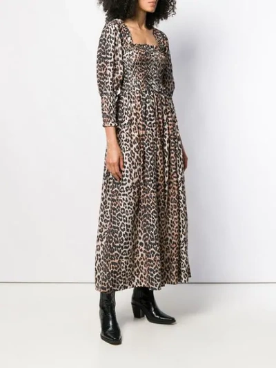 Shop Ganni Ruched Leopard-print Dress In Brown
