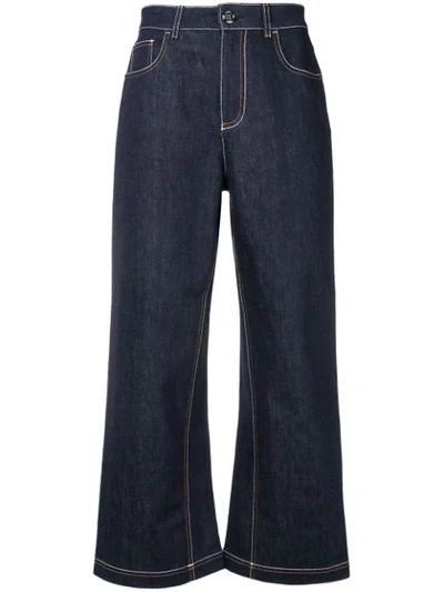 Shop Fendi Cropped Wide Leg Logo Detail Jeans - Blue