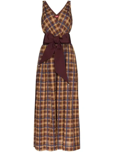 Shop Staud Plaid Sleeveless Wide Leg Jumpsuit In Brown