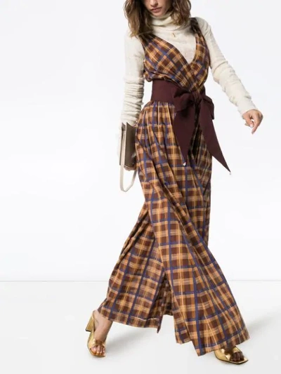 Shop Staud Plaid Sleeveless Wide Leg Jumpsuit In Brown