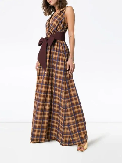 Shop Staud Plaid Sleeveless Wide Leg Jumpsuit In Brown