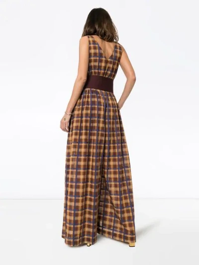 Shop Staud Plaid Sleeveless Wide Leg Jumpsuit In Brown