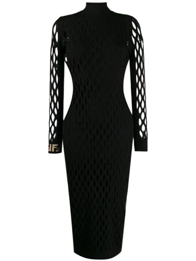 Open-knit Long-sleeve Bodycon Dress In Black