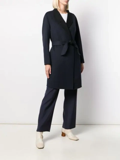 Shop Emporio Armani Belted Shawl-collar Coat In Blue