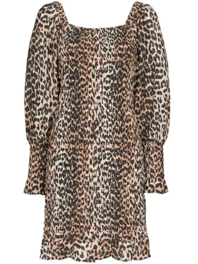 Shop Ganni Leopard Print Mini Dress In Brown