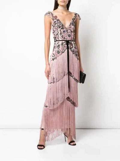 Shop Marchesa Notte Beaded Floral Fringed Gown In Pink