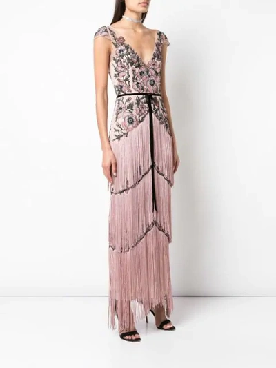 Shop Marchesa Notte Beaded Floral Fringed Gown In Pink