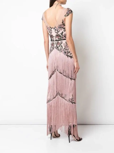 Shop Marchesa Notte Beaded Floral Fringed Gown In Pink