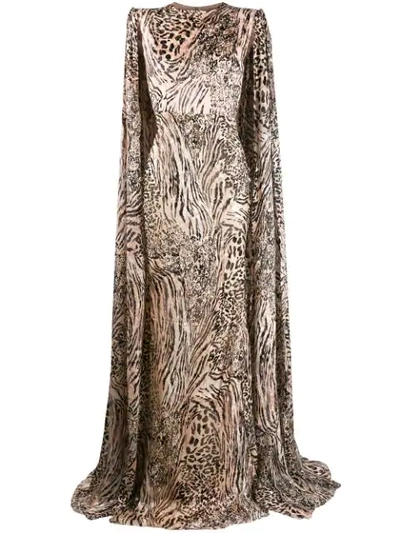 Shop Alex Perry Leopard Print Cape Sleeve Gown In Neutrals
